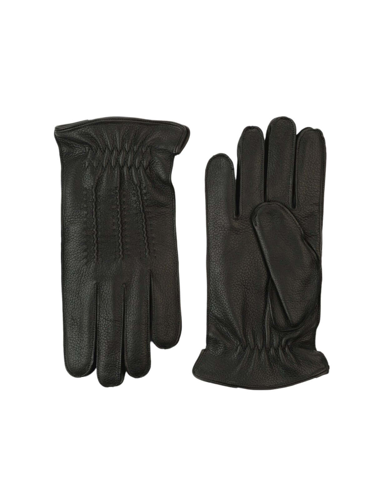 Guanti Drummed Nero in pelle, fodera in cashmere e lana, eleganti e caldi, made in Italy.