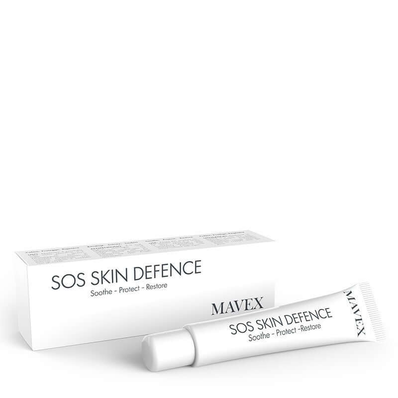 Sos Skin Defence cream from MAVEX in a tube and box, designed to soothe skin irritation and protect foot health.