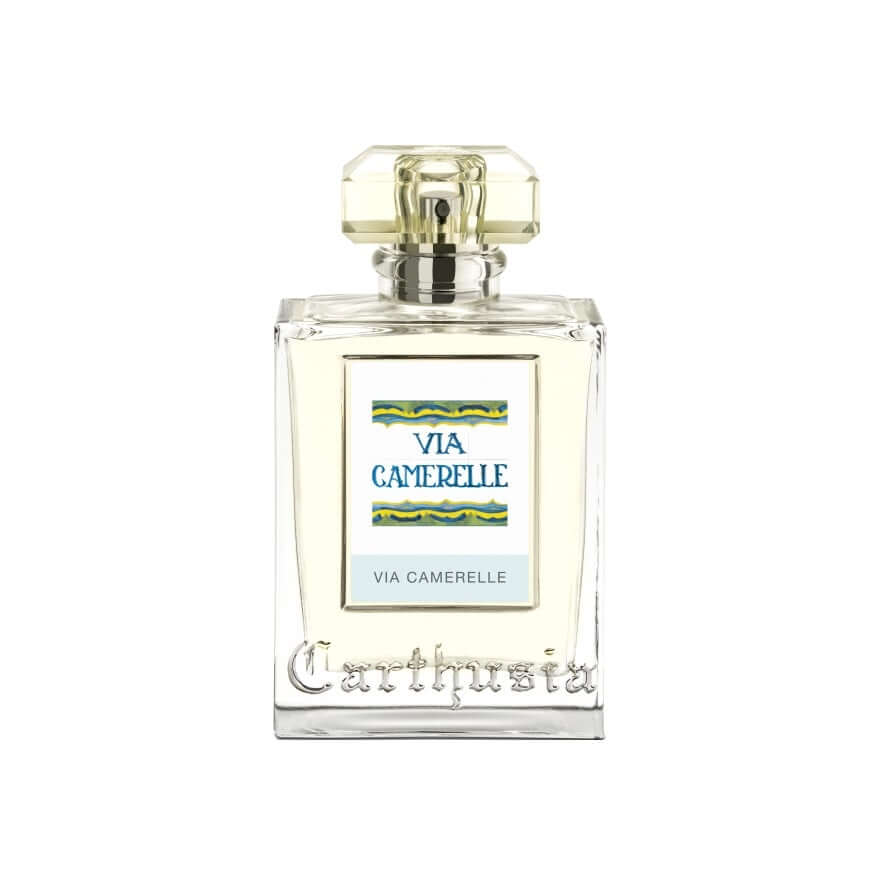 Via Camerelle Eau De Parfum bottle featuring fresh lemon and cedar notes, perfect for floral and marine fragrance lovers.