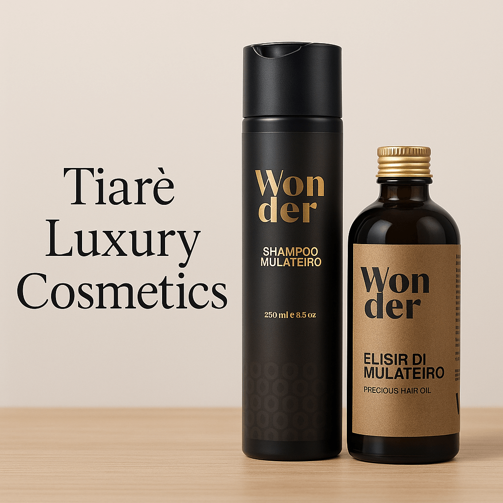 Flaconi di cosmesi botanica di lusso: shampoo e olio prezioso Tiarè Wonder.