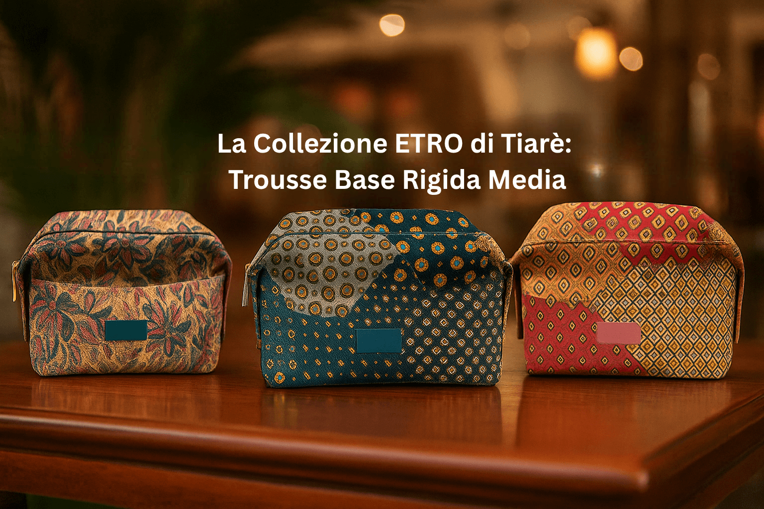 Trousse base rigida media ETRO in diverse varianti di colore e design su un tavolo di legno.