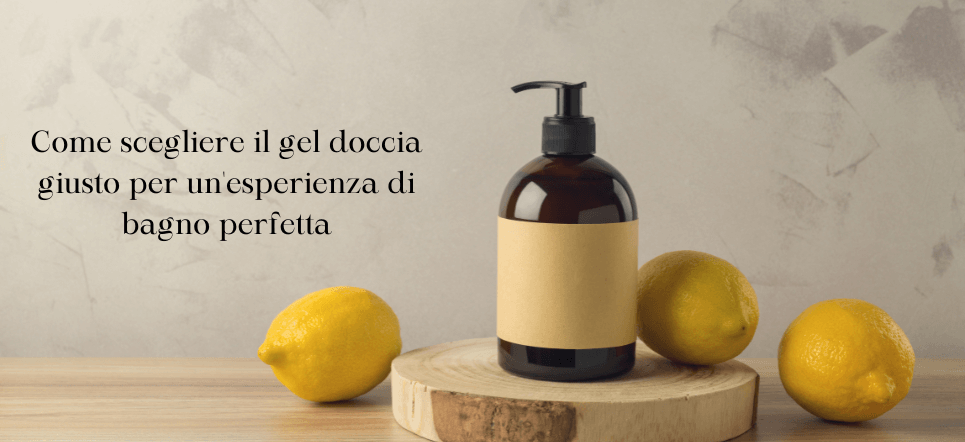scegliere gel doccia ideale con flacone e limoni su un tavolo di legno.