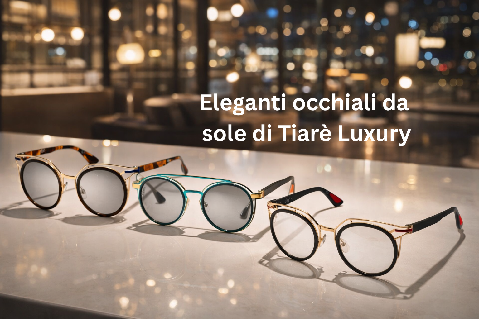 Occhiali da sole eleganti Tiarè Luxury in mostra su un tavolo elegante con sfondo luminoso.