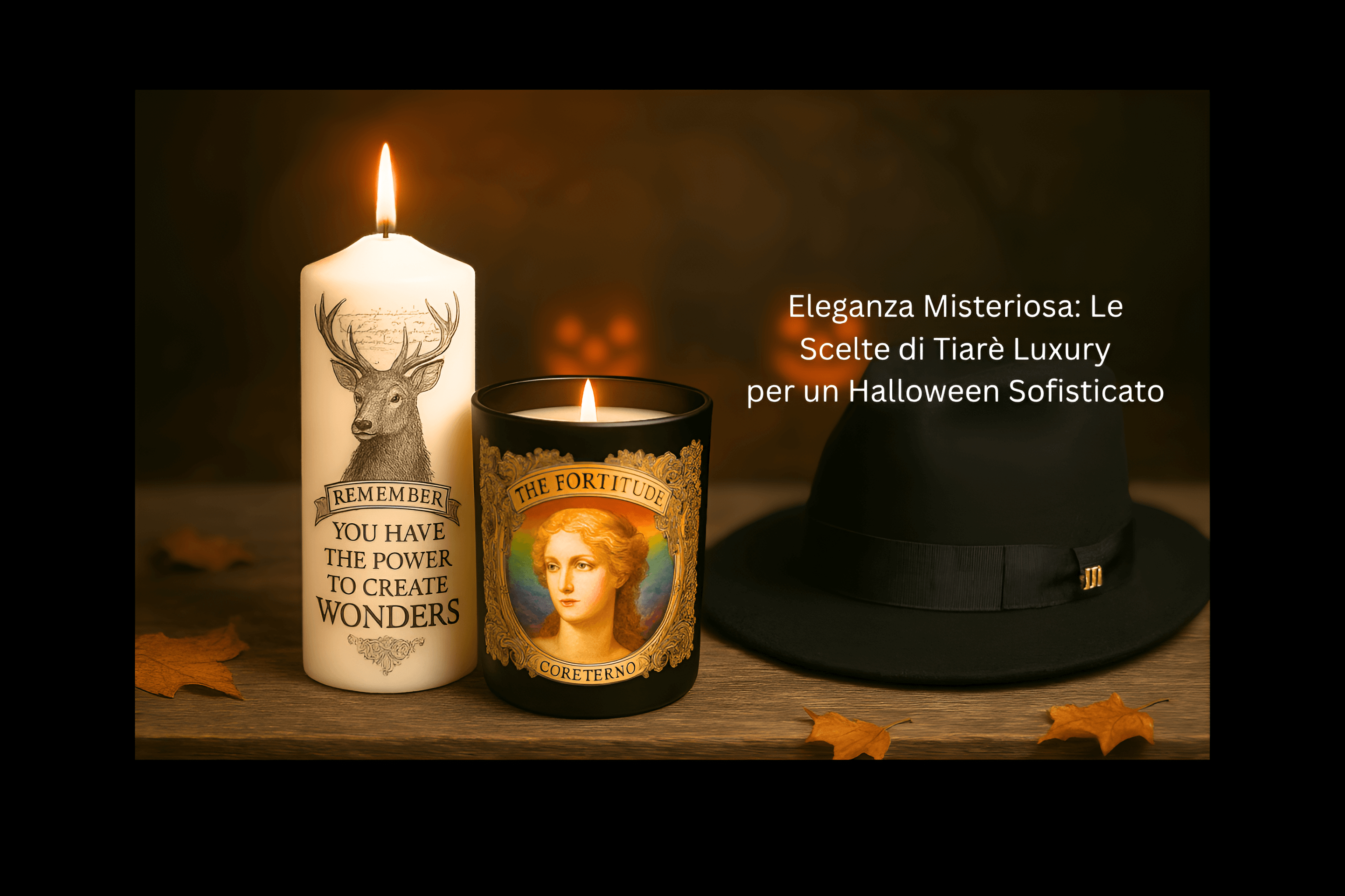 Decorative candles and hat showcasing Halloween sofisticato Tiarè Luxury elegance.