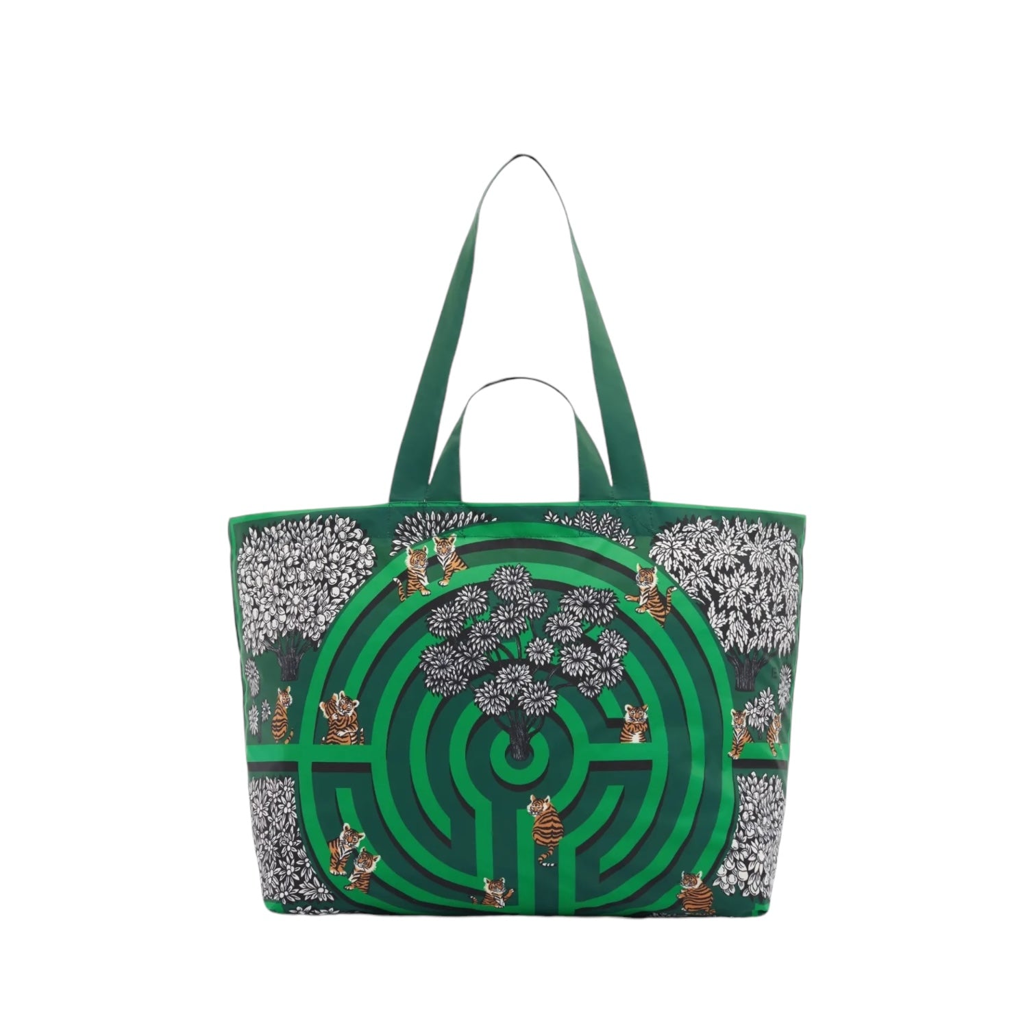 Borsa Maxi Shopping Labyrinthe Verde in verde con design labirinto e animali, realizzata in poliestere riciclato.