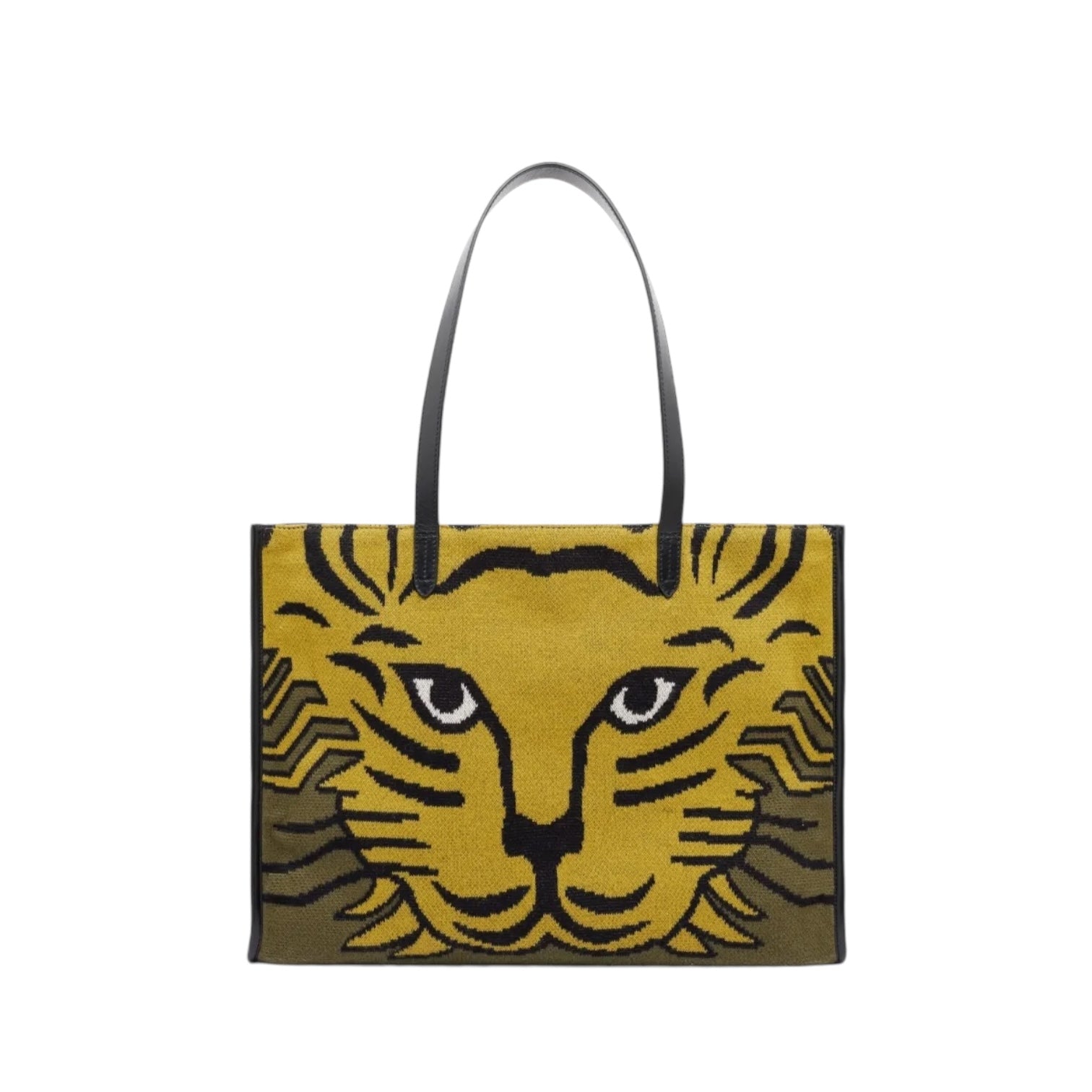 Borsa a spalla gialla con motivo di testa di leone, manici neri, design elegante e accattivante.