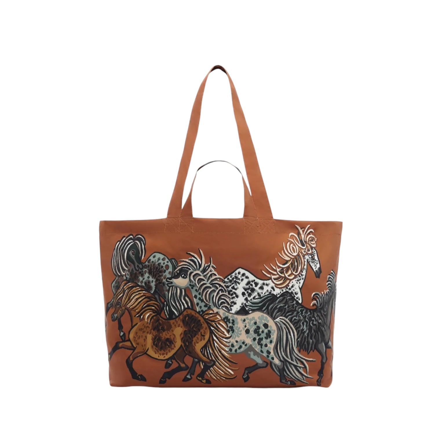 Borsa Maxi Shopping Western Marrone con design artistico di cavalli, realizzata in poliestere riciclato.