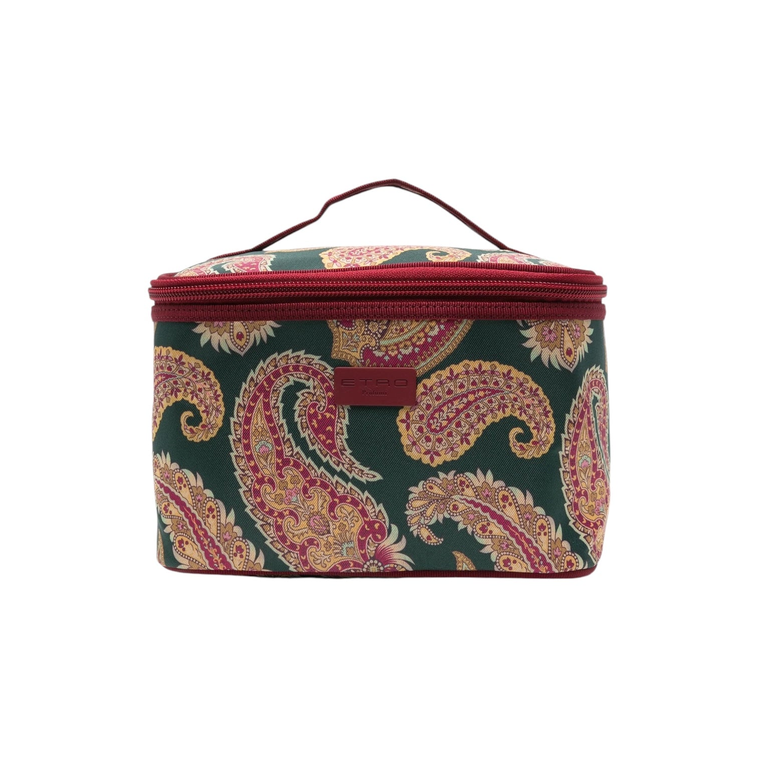 Beauty case with paisley pattern, zip closures, and ETRO logo, ideal for organizing makeup and beauty accessories.