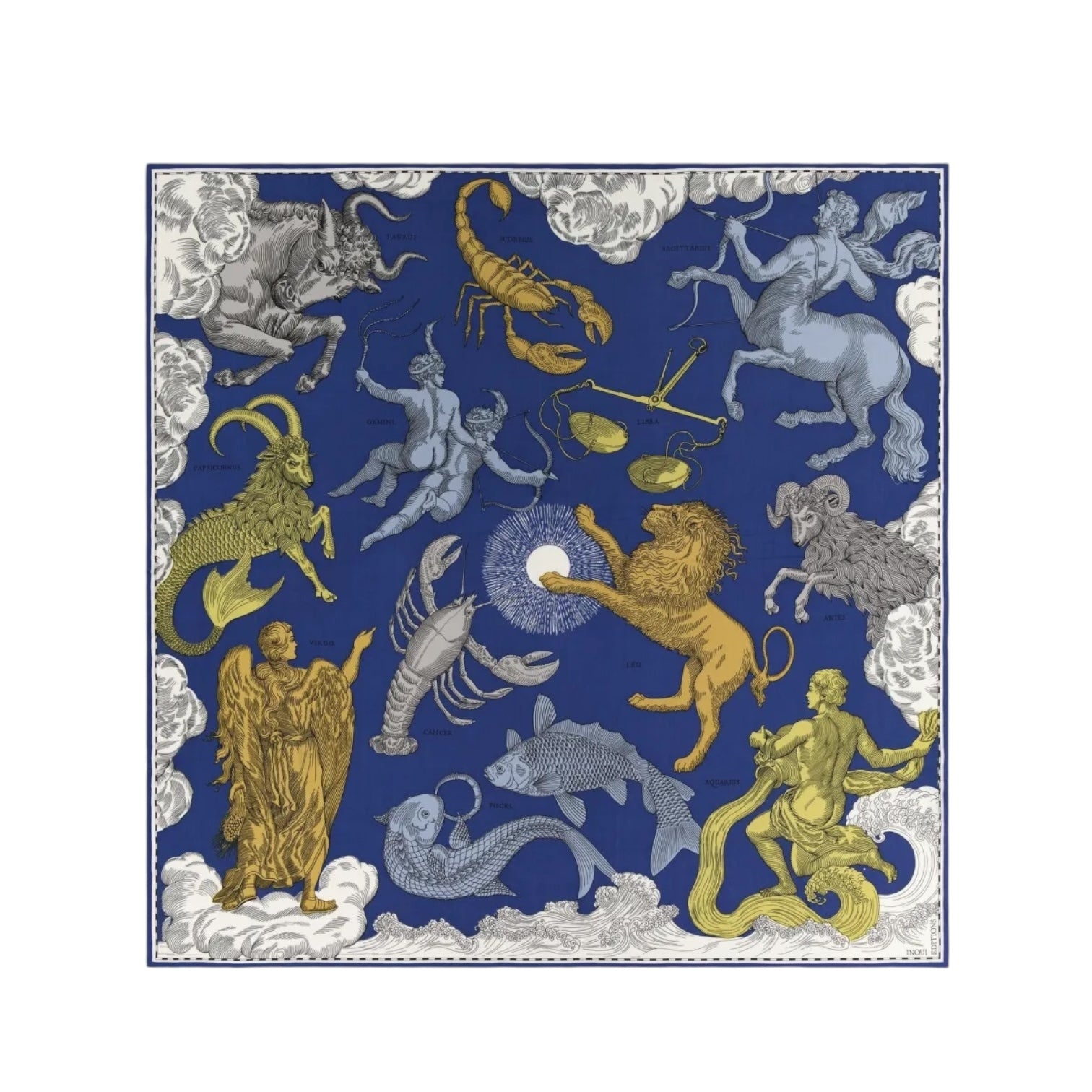 Foulard quadrato con stampa astrologica su sfondo blu, dimensioni 130x130 cm, design unico e colorato.