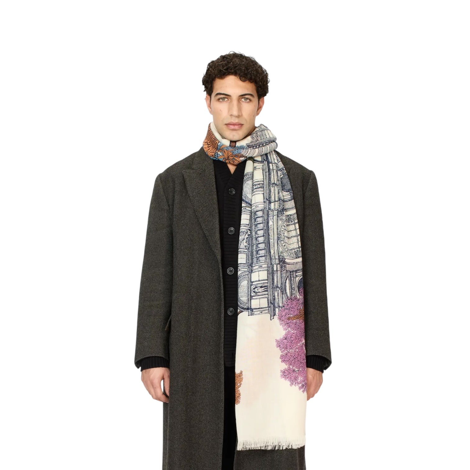 Man wearing a multicolor Mirage scarf, adding style and uniqueness to his outfit, perfect accessory for any look.