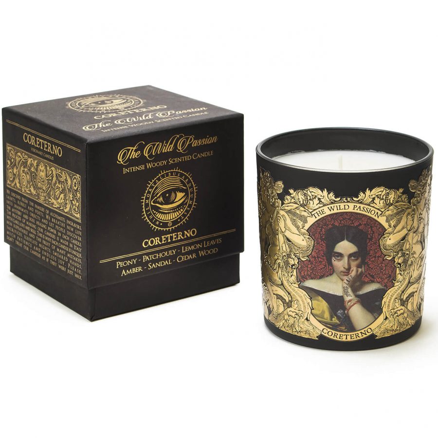 The Wild Passion scented candle in decorative packaging, featuring floral and woody scents for passionate ambiance.