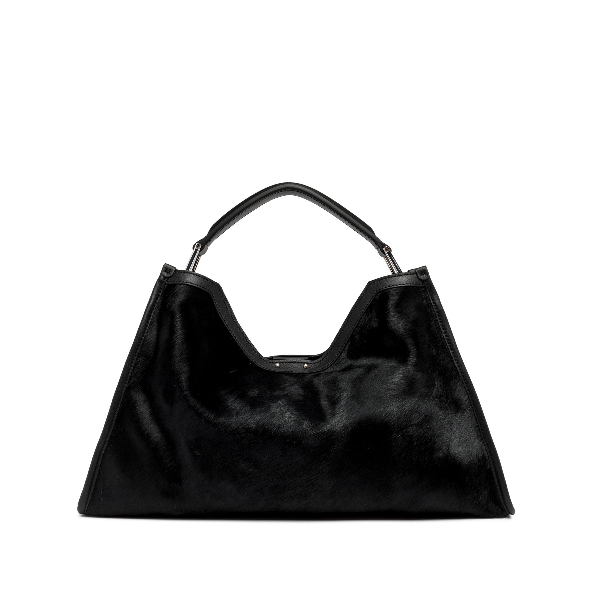 Aurora handbag by Gianni Chiarini in black cavallino leather with trapezoid shape and removable zip pouch.