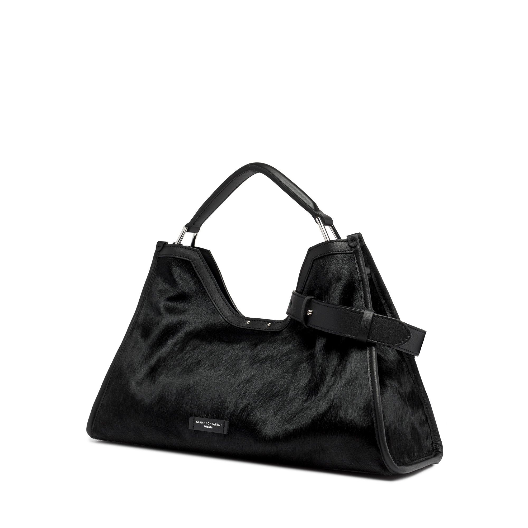 Aurora handbag by Gianni Chiarini in black leather effect, featuring a trapezoidal shape and removable zip pouch.