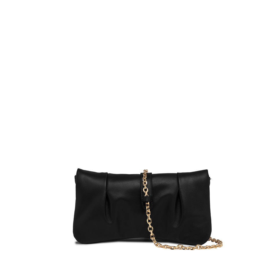 Glenna black leather clutch with chain strap, perfect accessory for chic evening events.