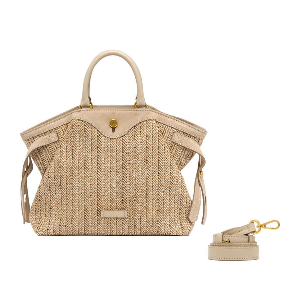 Borsa CLAUDETTE in paglia intrecciata di Gianni Chiarini, elegante design rustico chic con dettagli in pelle scamosciata.