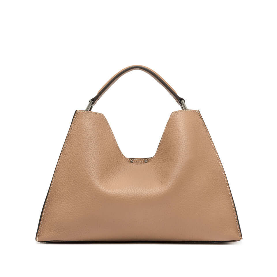 AURORA handbag by Gianni Chiarini, trapezoidal shape in hammered leather, featuring adjustable strap and metal details.