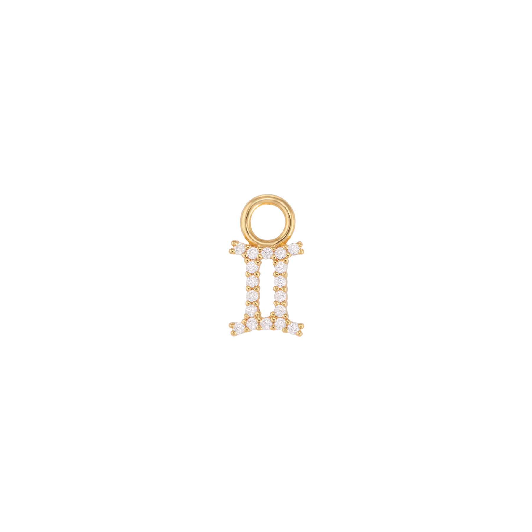 Gemelli zodiac charm in 18k gold plating, adorned with sparkling stones, symbolizing elegance and innovation.