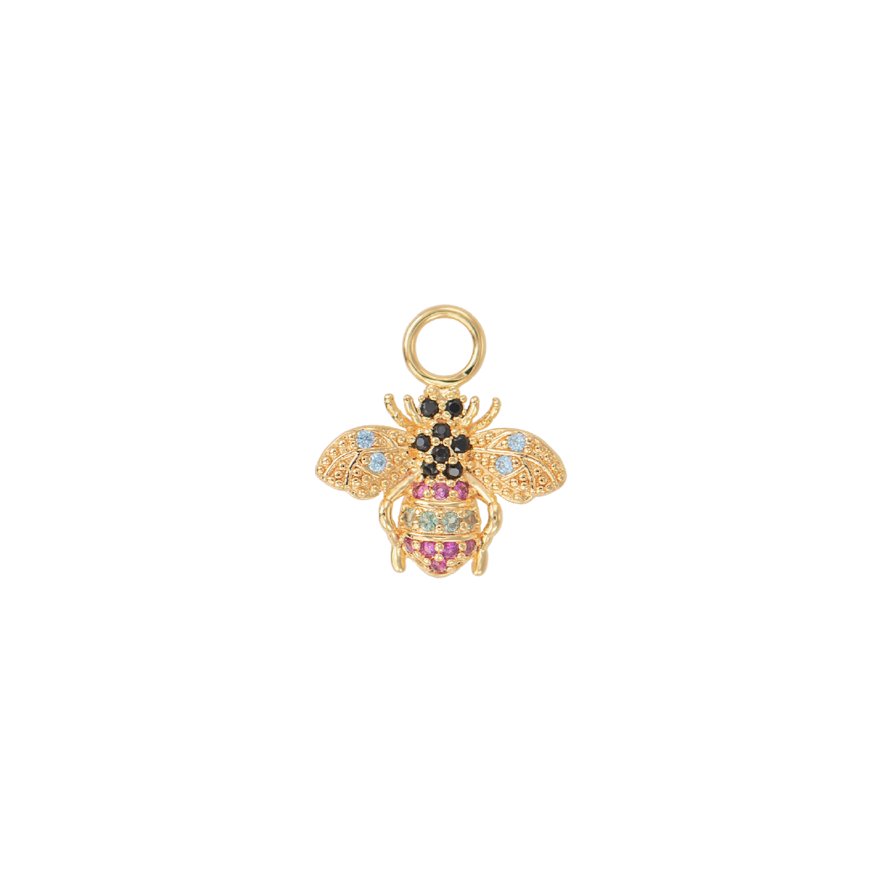 Piccola Felicità Charm in gold-plated brass featuring a colorful bee design with vibrant stones.