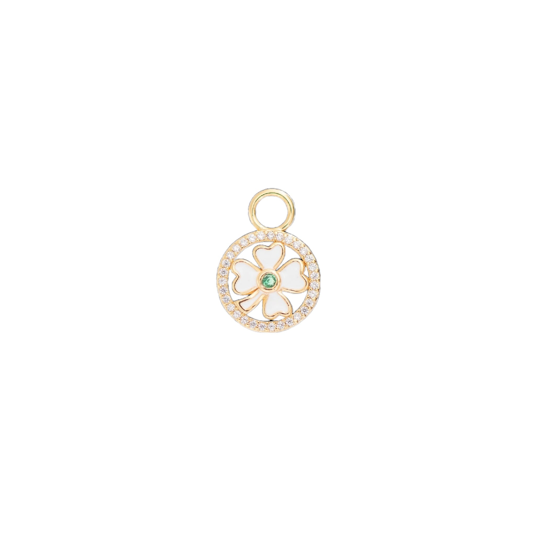 Small Rosie Charm in gold-plated brass featuring an elegant flower design with a green gemstone.