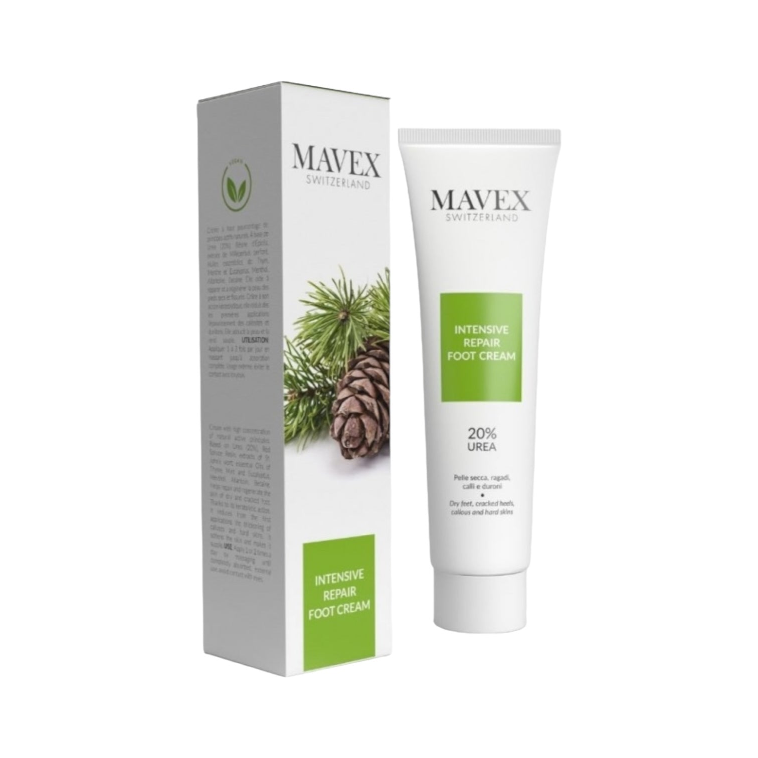 Mavex Intensive Repair Foot Cream with 20% urea, designed for intensive keratolytic action and skin regeneration.