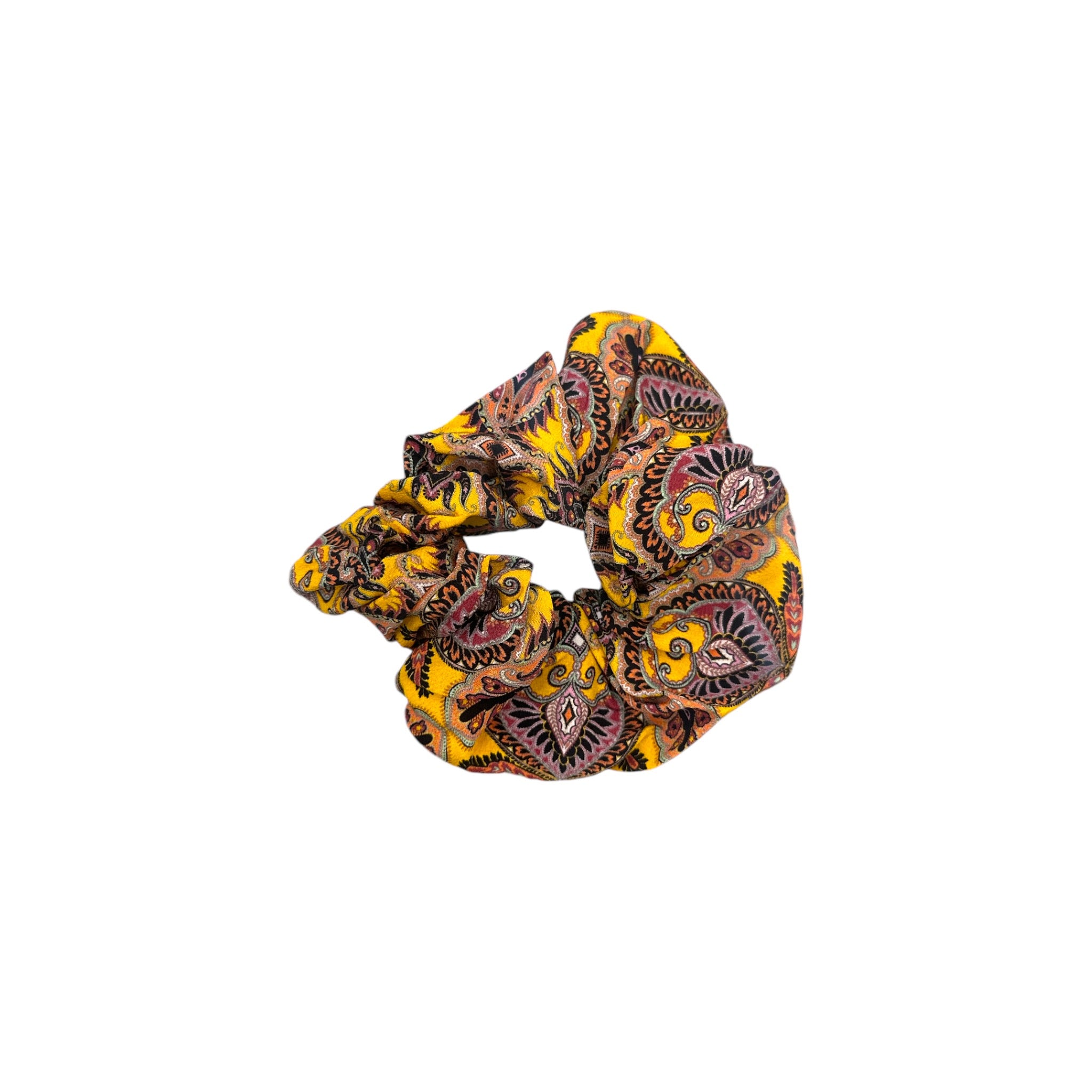 Nastro elastico in seta con design paisley giallo, ideale per capelli delicati e styling elegante.