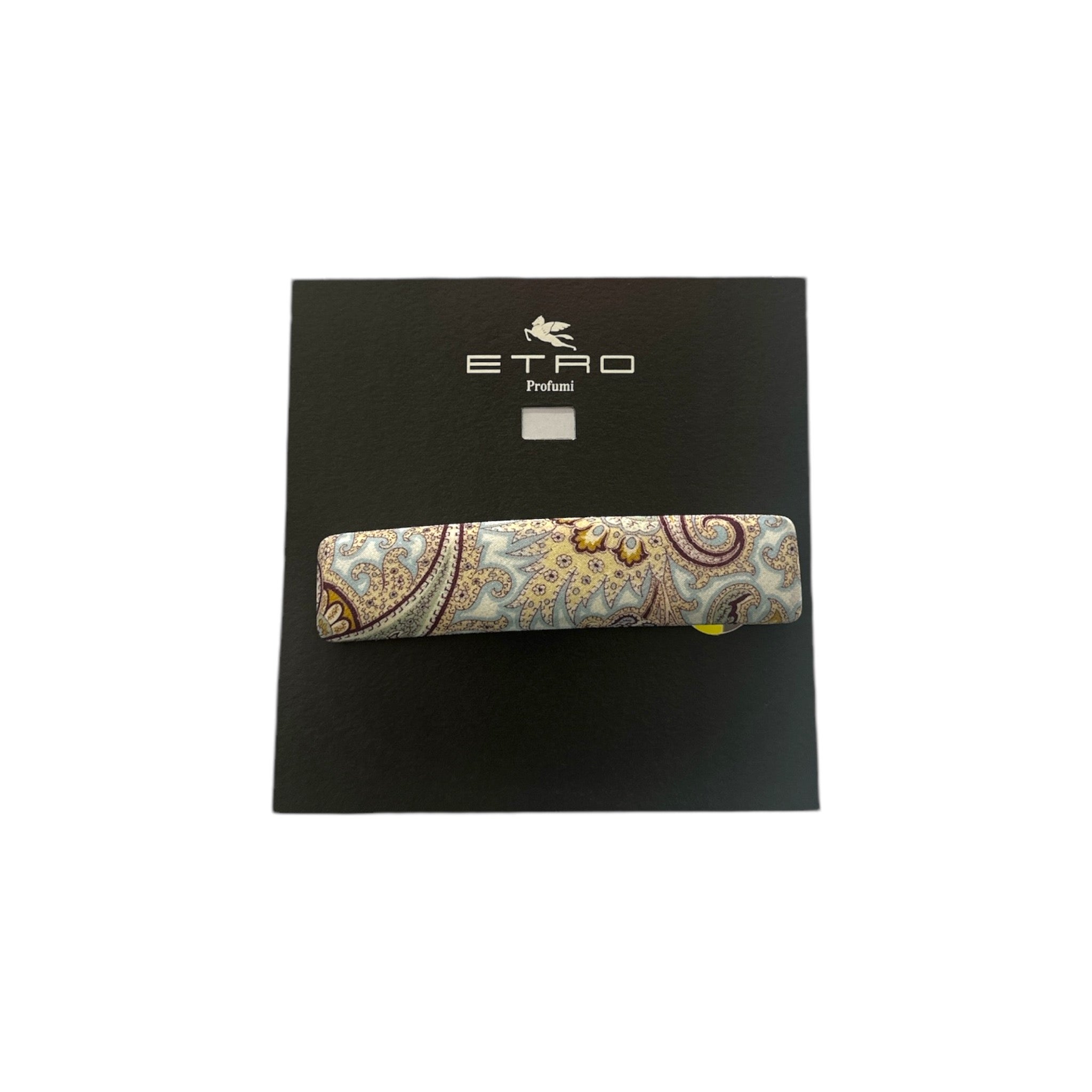 Elegant 10 cm French barrette in high-quality silk, featuring a paisley design by Etro on a stylish black background.