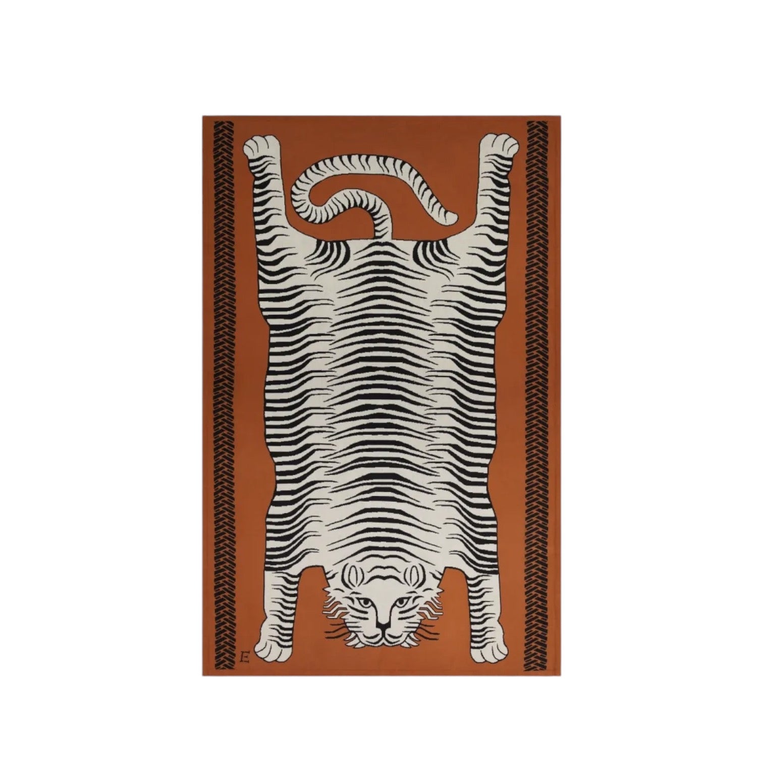 Artistic depiction of a tiger skin rug with black stripes on a warm orange background, showcasing unique design.