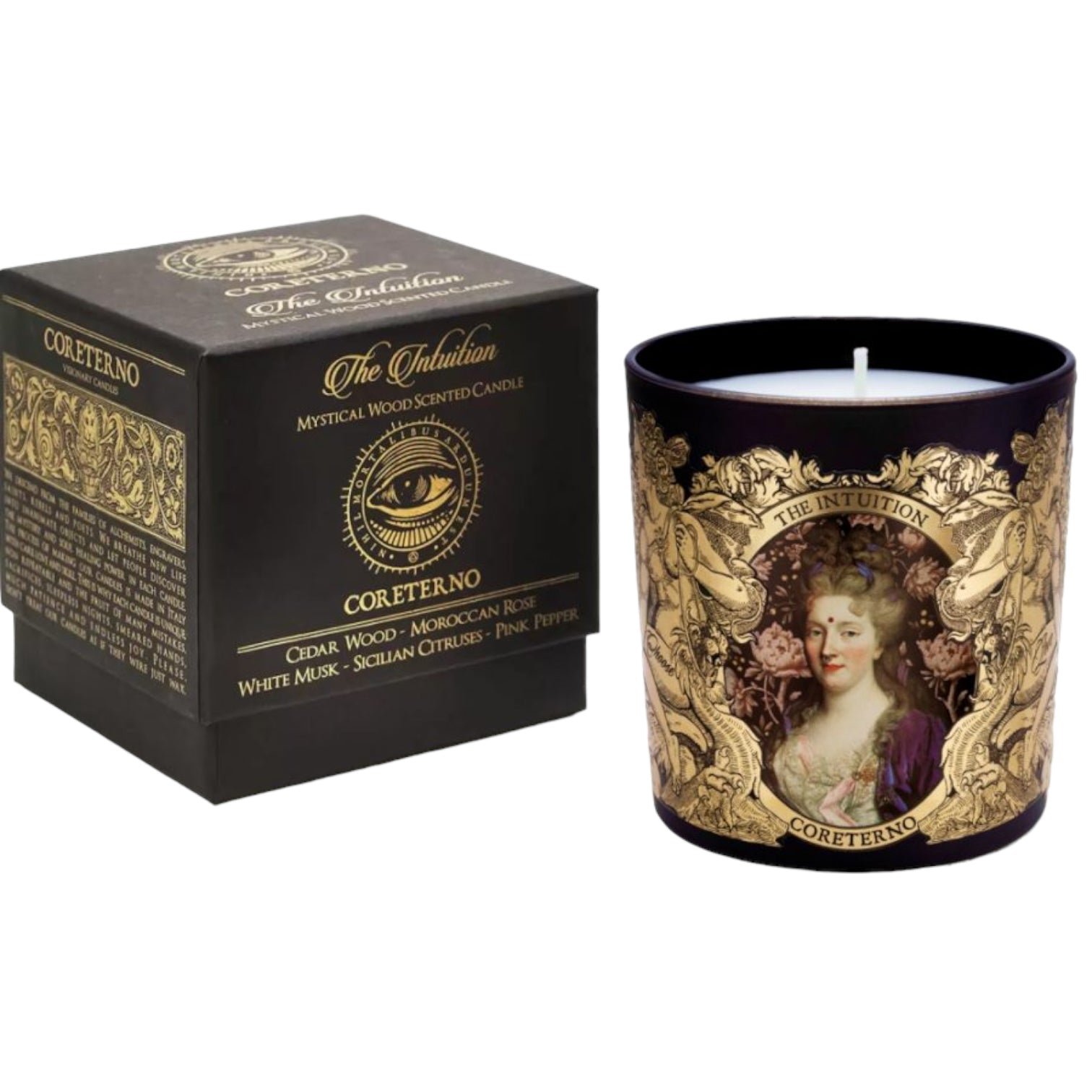 The Intuition scented candle with ornate packaging, featuring a vintage portrait and rich fragrance notes.