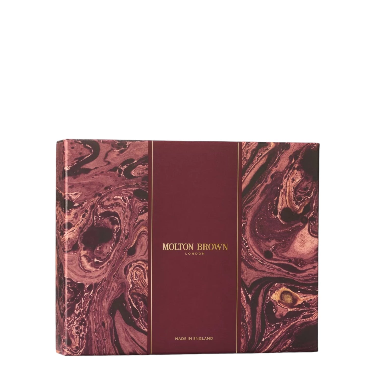 Molton Brown gift box with a beautiful marbled design, featuring luxurious branding and elegant packaging.