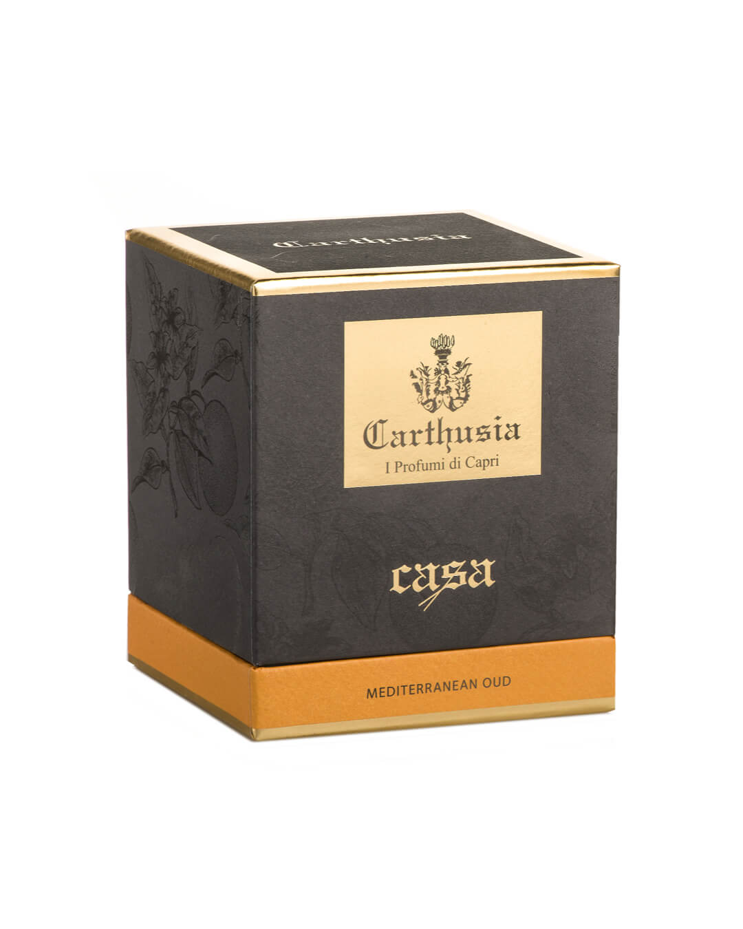 Carthusia Mediterranean Oud Candela packaging featuring elegant design and logo.