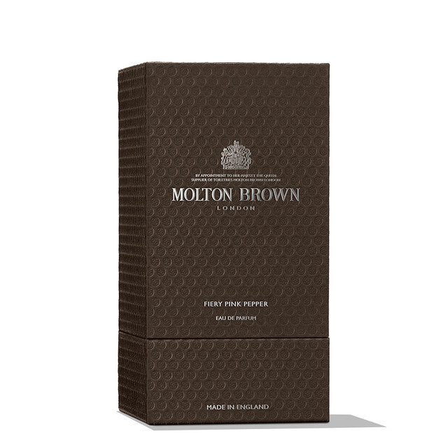 Molton Brown Fiery Pink Pepper Eau De Parfum packaging, stylish brown box, 100 ml, made in England.