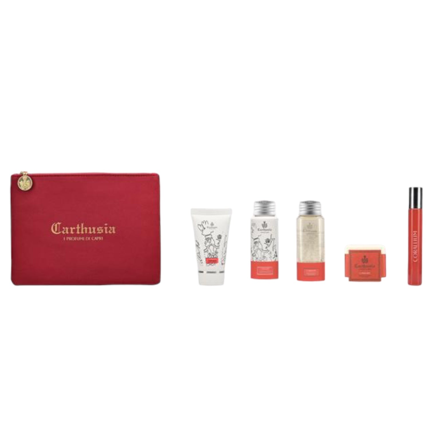 Corallium Kit: red and gold gift pouch with Eau de Parfum, shower gel, body cream, hand cream, and bath soap.