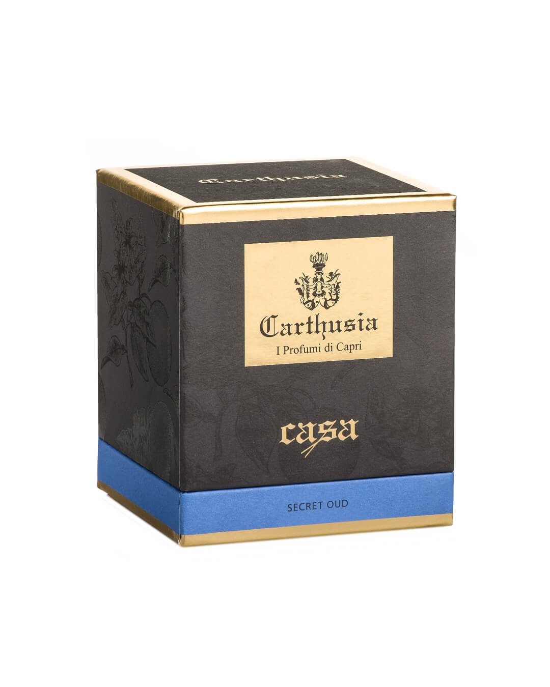 Carthusia Secret Oud candle box showcasing luxurious design and Mediterranean essence.