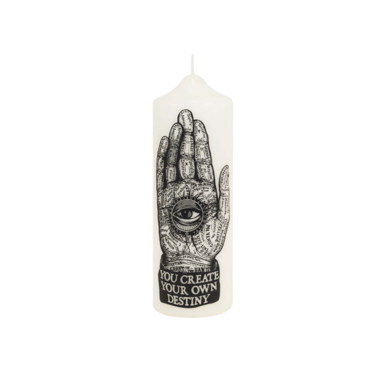 Visionary Pillar Candle with palmistry design and "You Create Your Own Destiny" message, symbolizing empowerment.