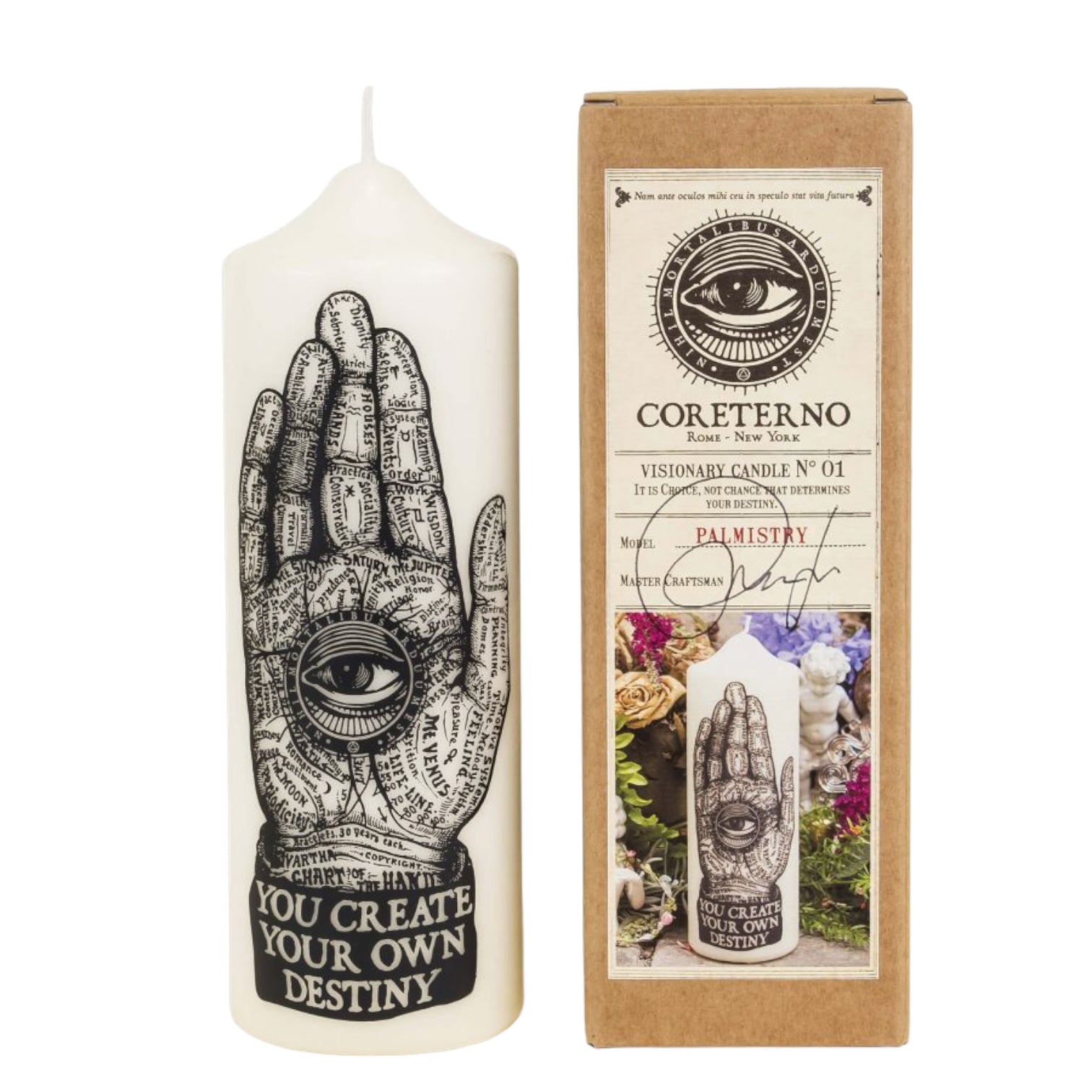 Visionary Palmistry Candle featuring an artistic hand design, symbolizing self-determination and inner light.