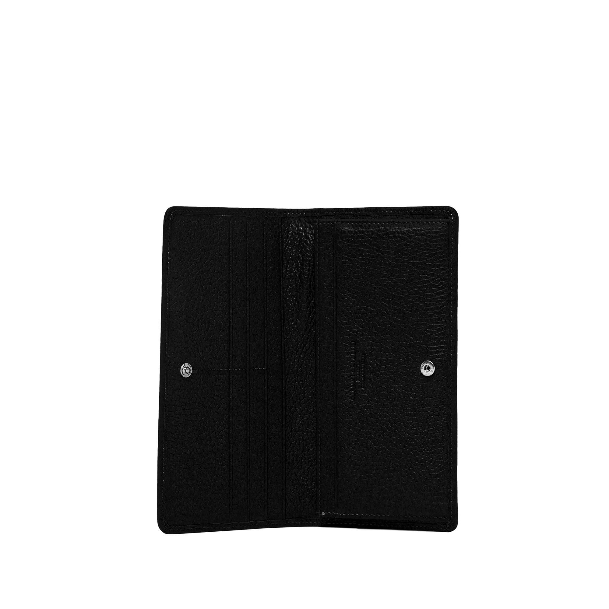 Black leather wallet interior with multiple card slots and snap button closure by Gianni Chiarini Firenze.