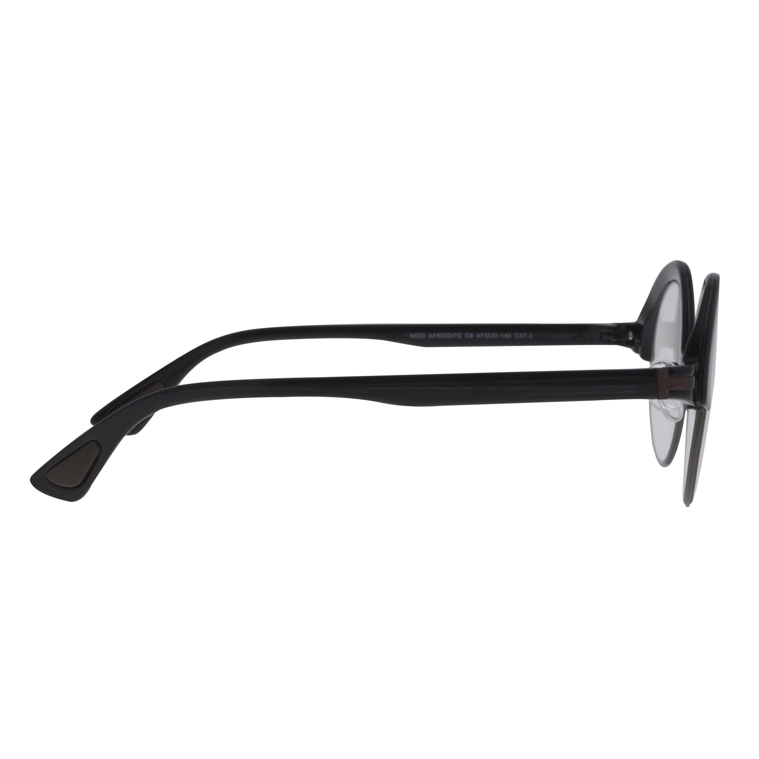 Lato degli occhiali Afrodite C6 con design elegante e aste nere, lenti grigie fotocromatiche.