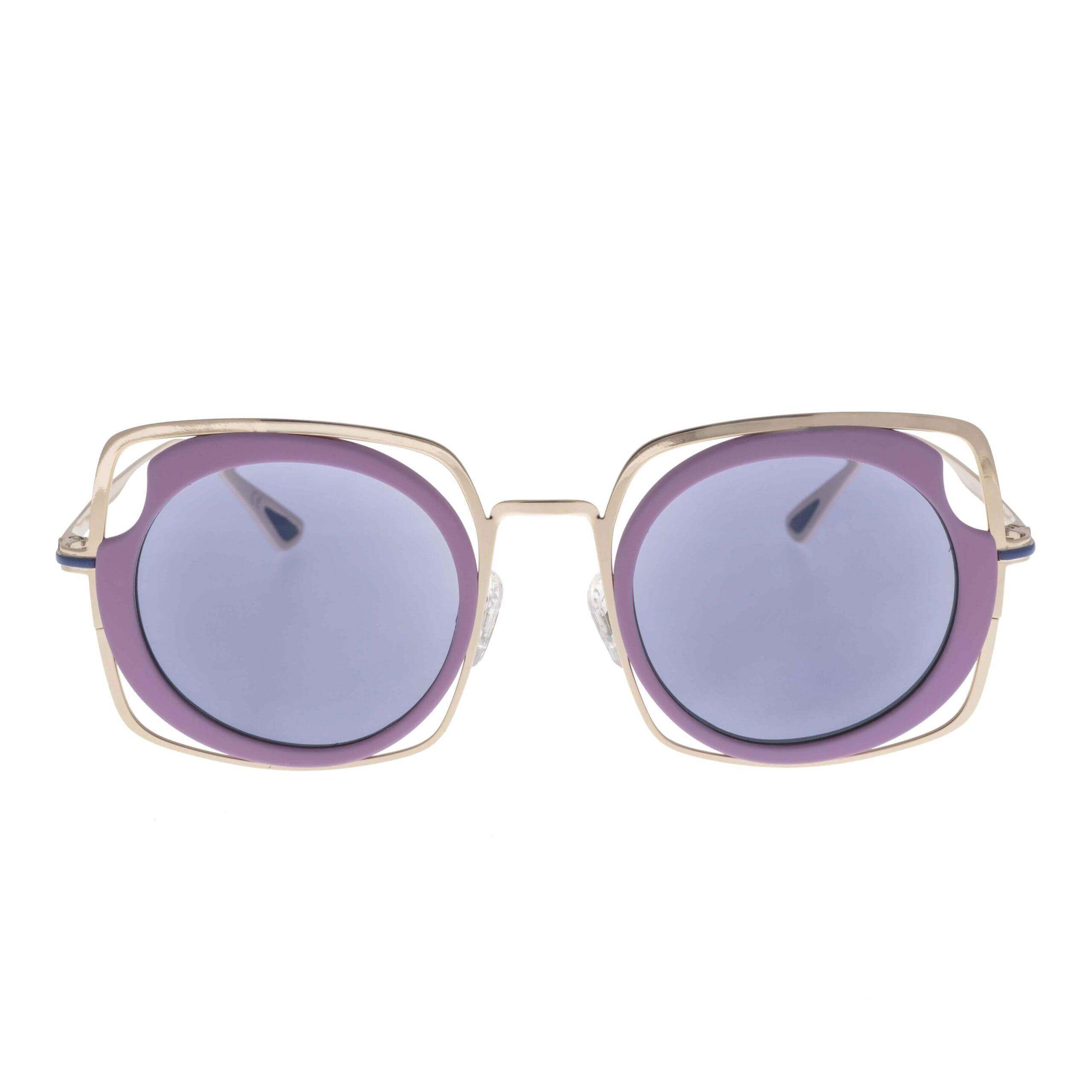 ATRIA C5 sunglasses featuring elegant round and square designs with purple lenses and a bold gold frame.