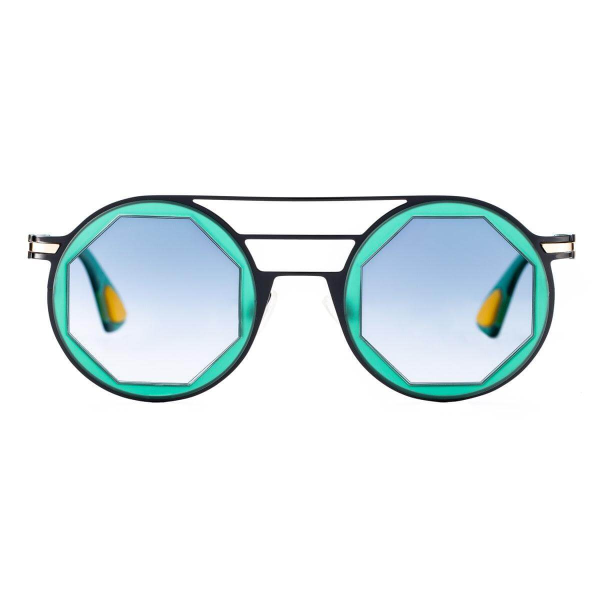 Occhiali LONDON C5, design ergonomico ed elegante con montatura ottagonale e lenti azzurre riflettenti.