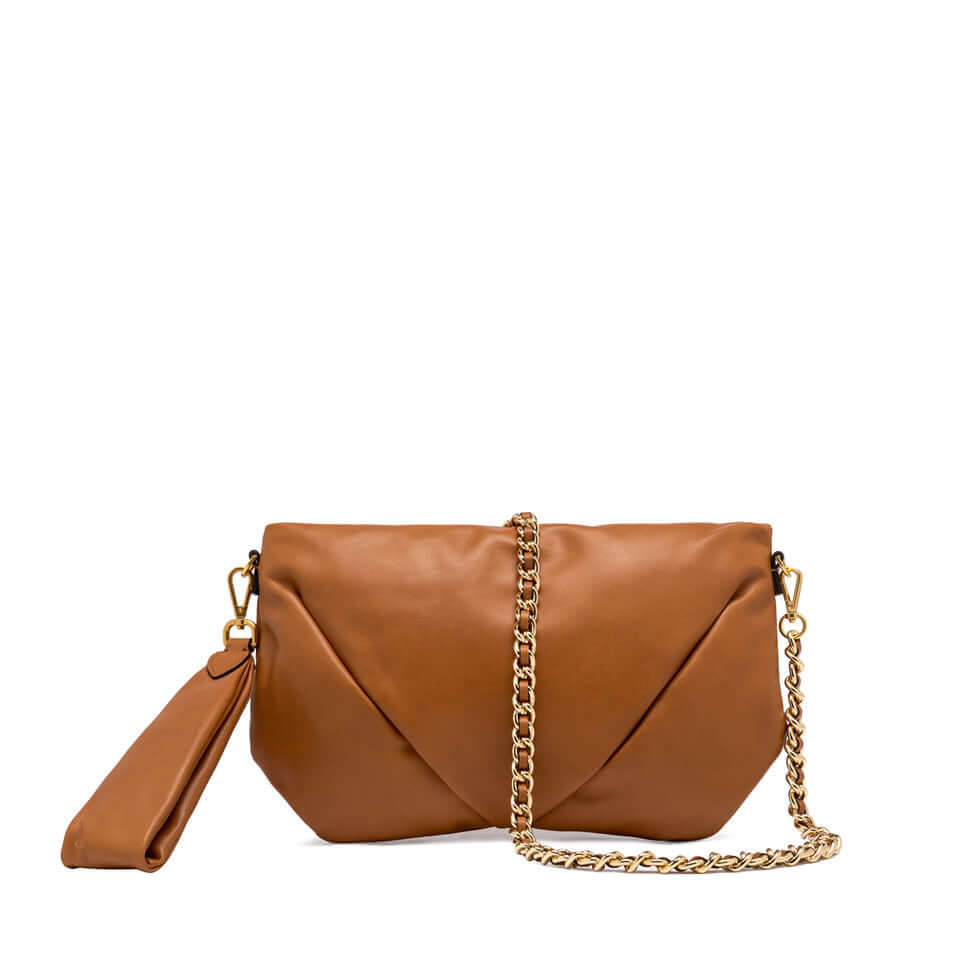 Elegant brown leather clutch bag with chain strap and pouffy design by Gianni Chiarini Firenze.