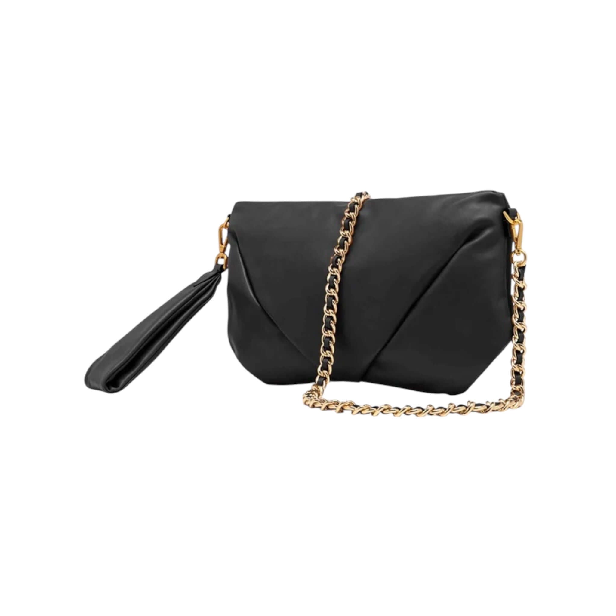 Elegant black clutch bag with chain strap and zip closure, designed for modern evening looks by Gianni Chiarini.
