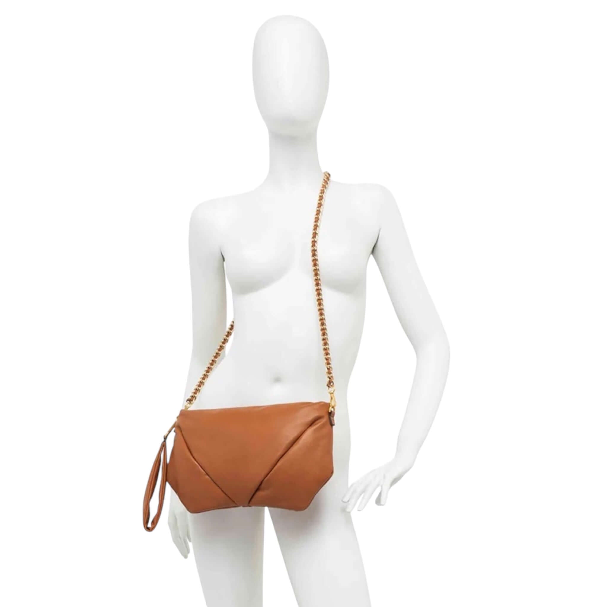 Elegant ALLEGRA clutch bag by Gianni Chiarini, featuring a chic design and chain strap, shown in tan color.