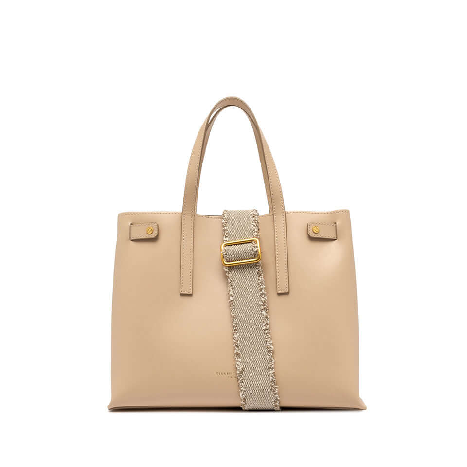 ALTEA beige leather handbag with removable strap, spacious design, perfect for daily use.