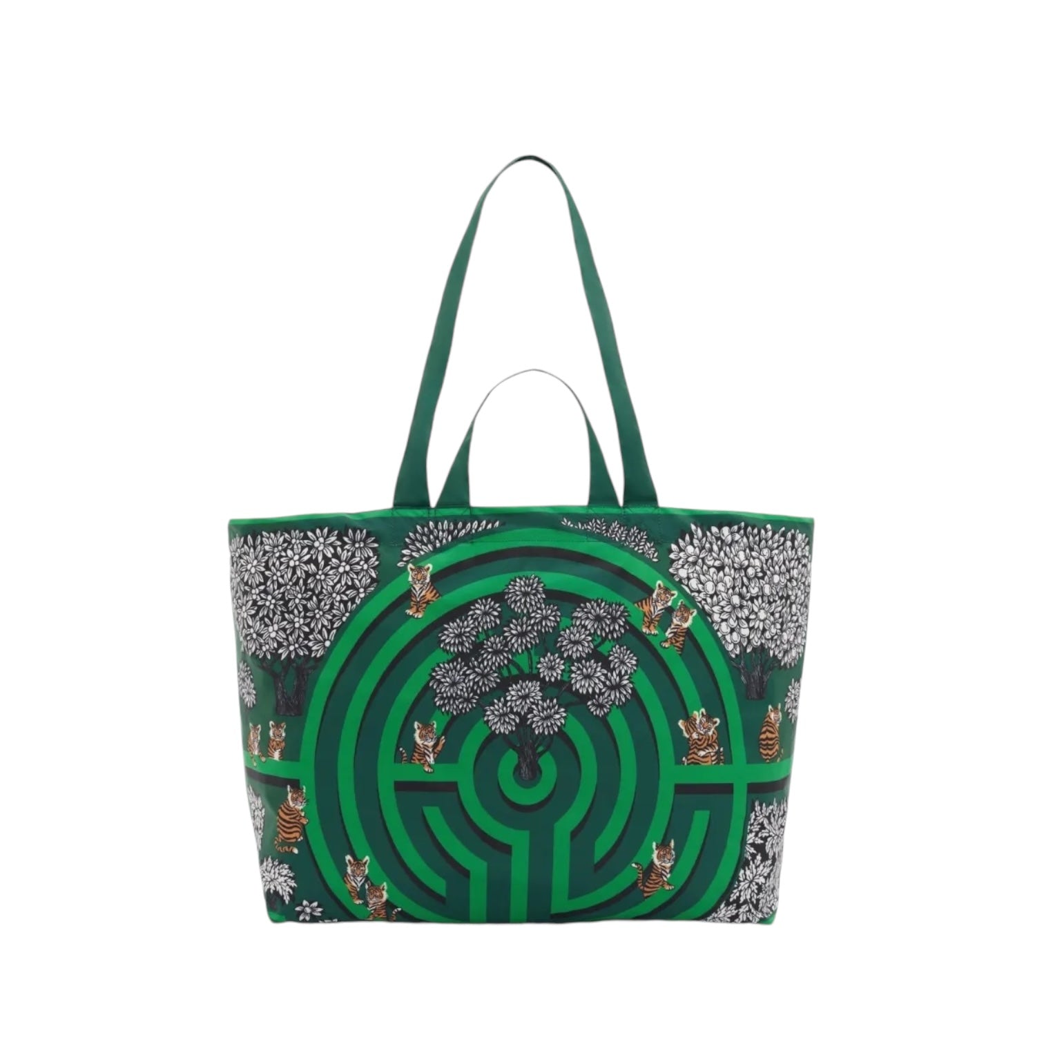 Eco-friendly Borsa Maxi Shopping Labyrinthe Verde bag featuring a maze design and colorful trees.