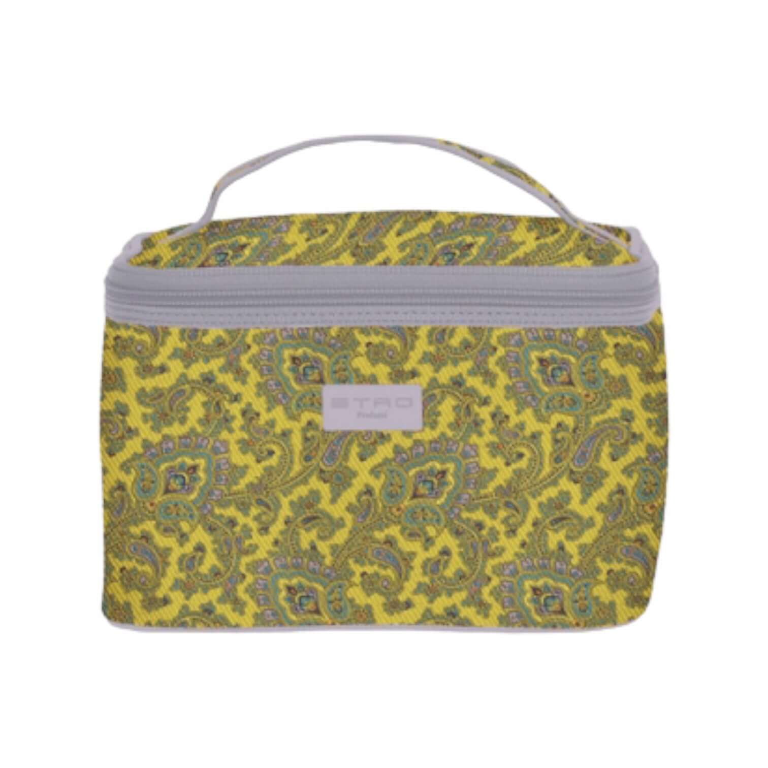 Beauty case with paisley pattern, zip closure, and ETRO logo for organizing makeup and beauty accessories.