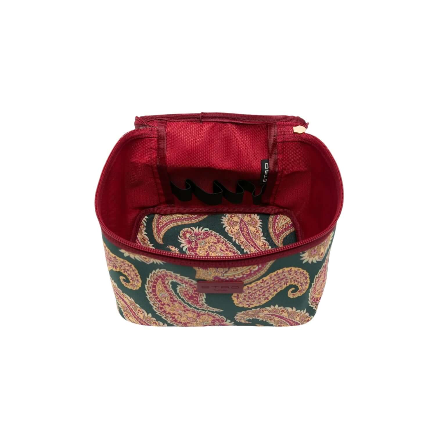 Beauty case with paisley design, zip closure, red interior, perfect for organizing makeup and beauty accessories.
