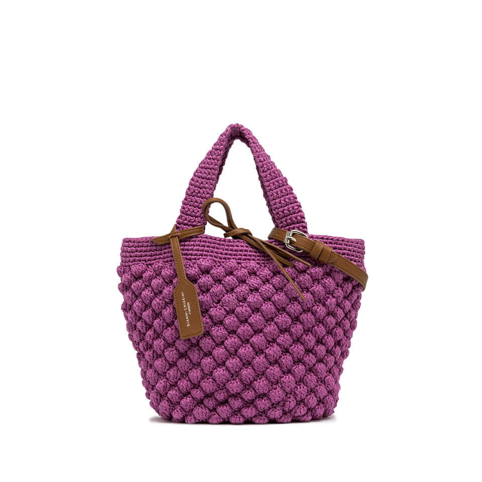 Bella double handle bag by Gianni Chiarini Firenze in bubble-effect fabric, purple color with leather details.