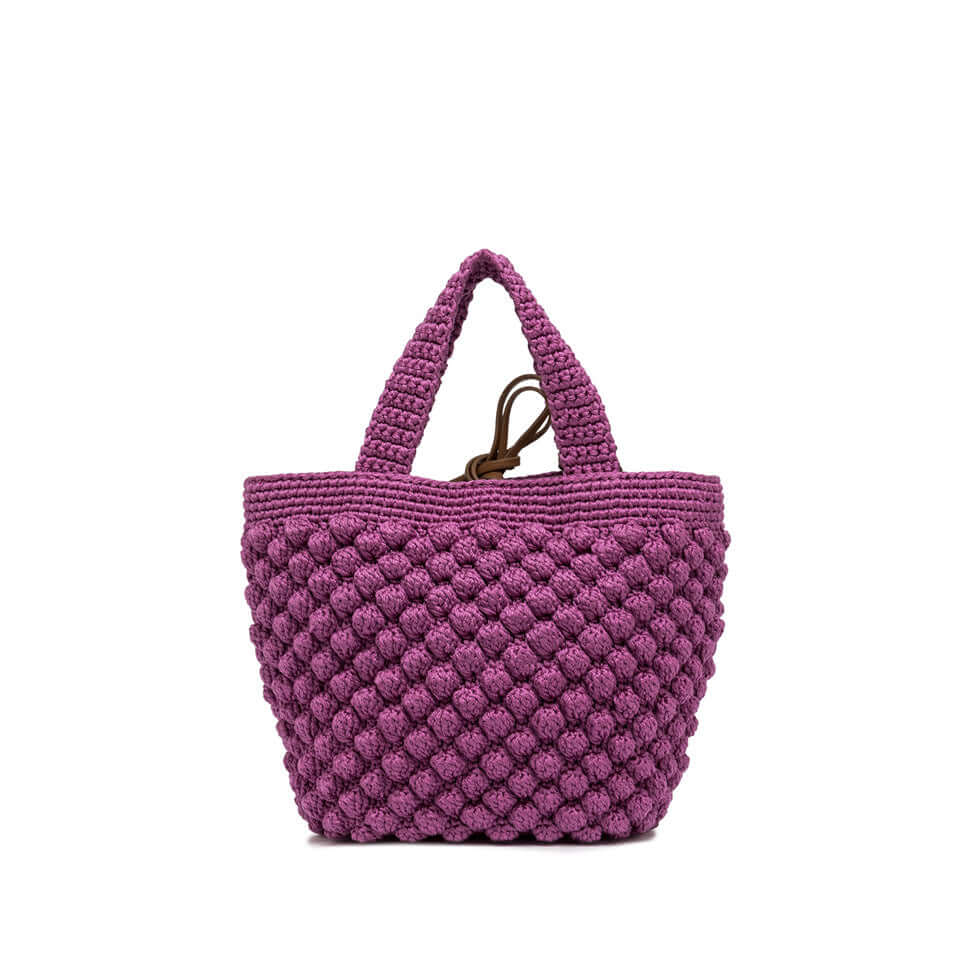 Bella double handle handbag by Gianni Chiarini in purple bubble-effect fabric with crochet handles.