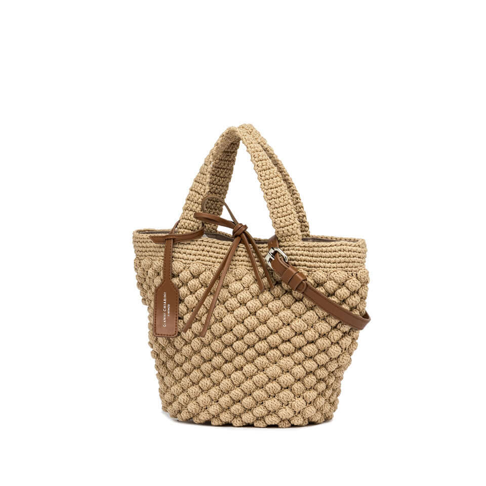 Bella double handle handbag by Gianni Chiarini, handwoven fabric, bubble effect, adjustable strap, practical bow closure.