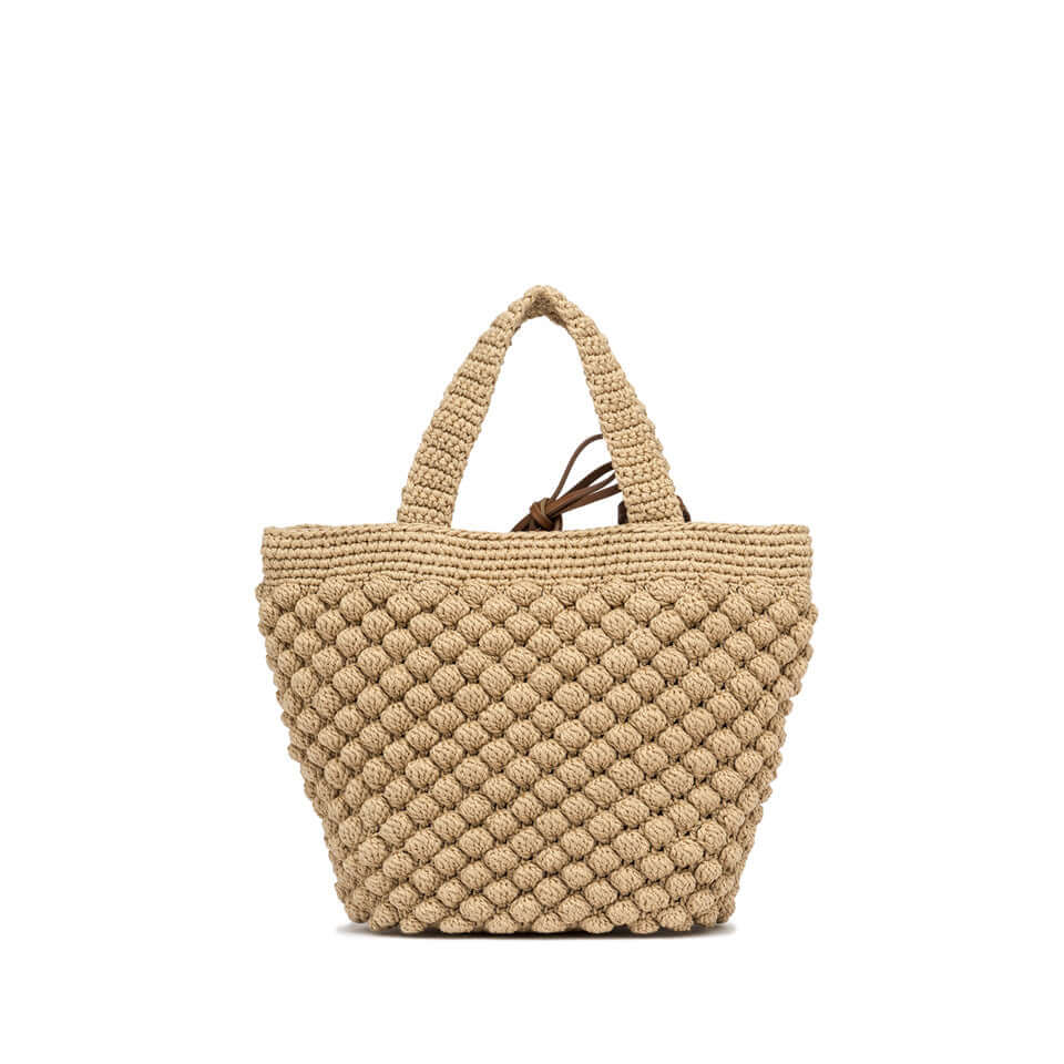 Borsa double handle Bella di Gianni Chiarini Firenze in tessuto effetto bubble, color beige con manici uncinetto.